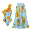 Fresh Blue Bottom Sunflower Single Shoulder One Piece Swimming Women Two Piece Set Three Dimensional Flounce Vacation Swimsuit Women
