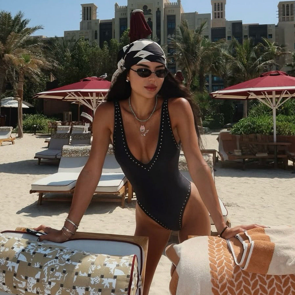 Sexy Backless One Piece Swimsuit with Rhinestone Detail for Vacation