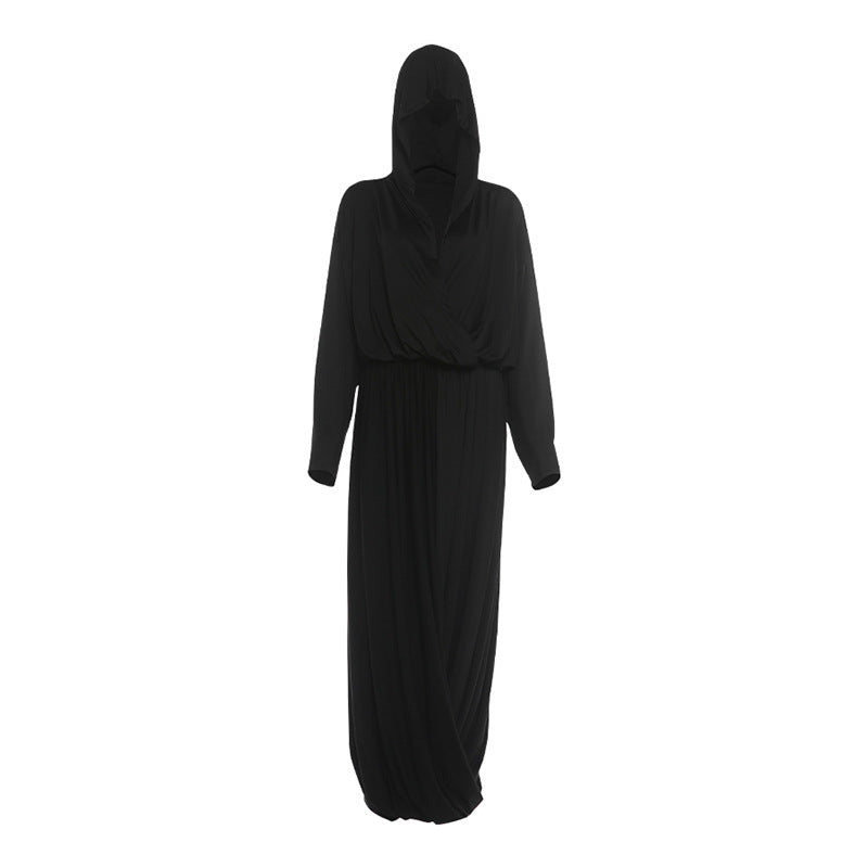Summer Women Clothing Solid Color Idle Hooded Long Sleeve Top Pleated Loose Maxi Skirt Set