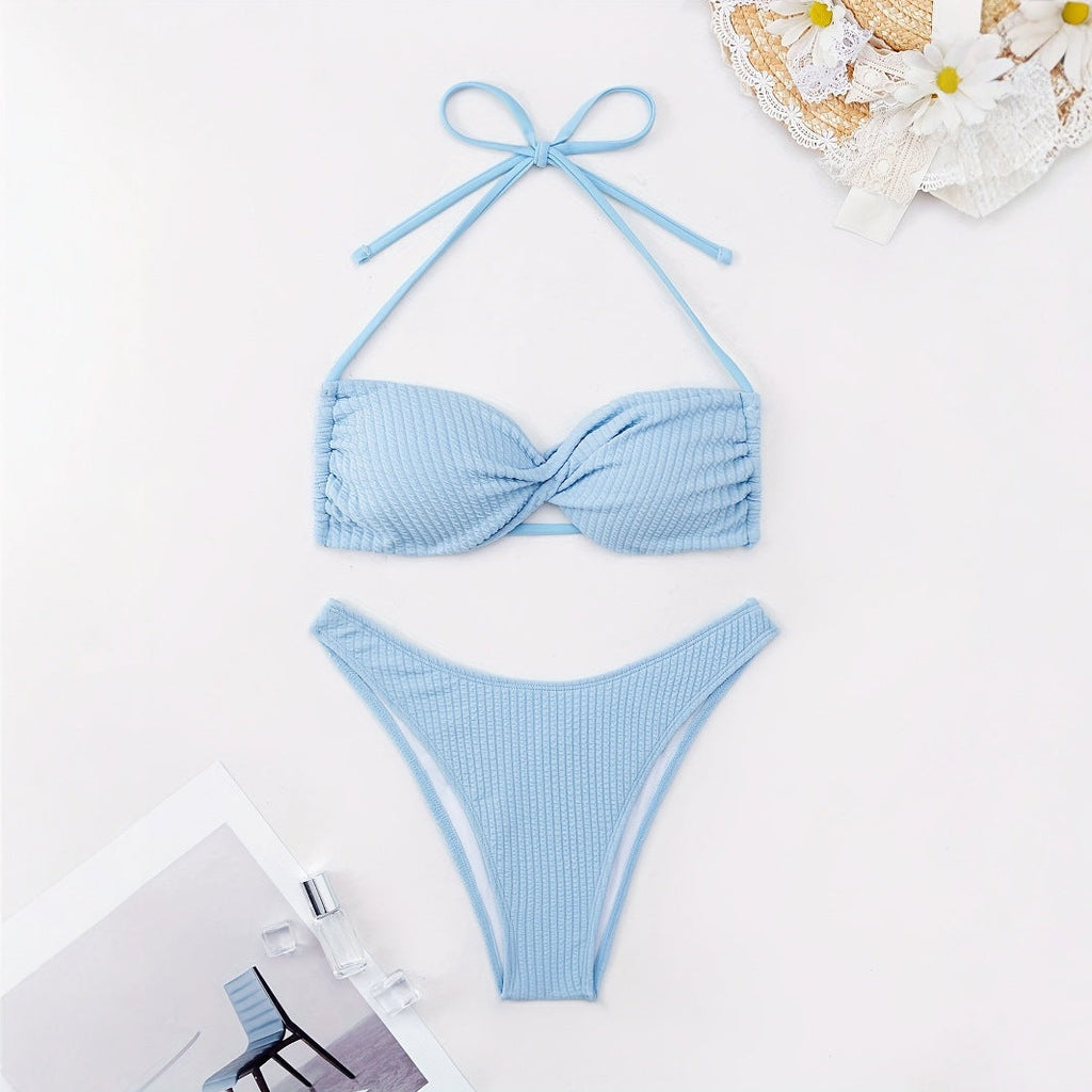 Light blue two-piece underwire bikini with ruched details and spaghetti halter straps.