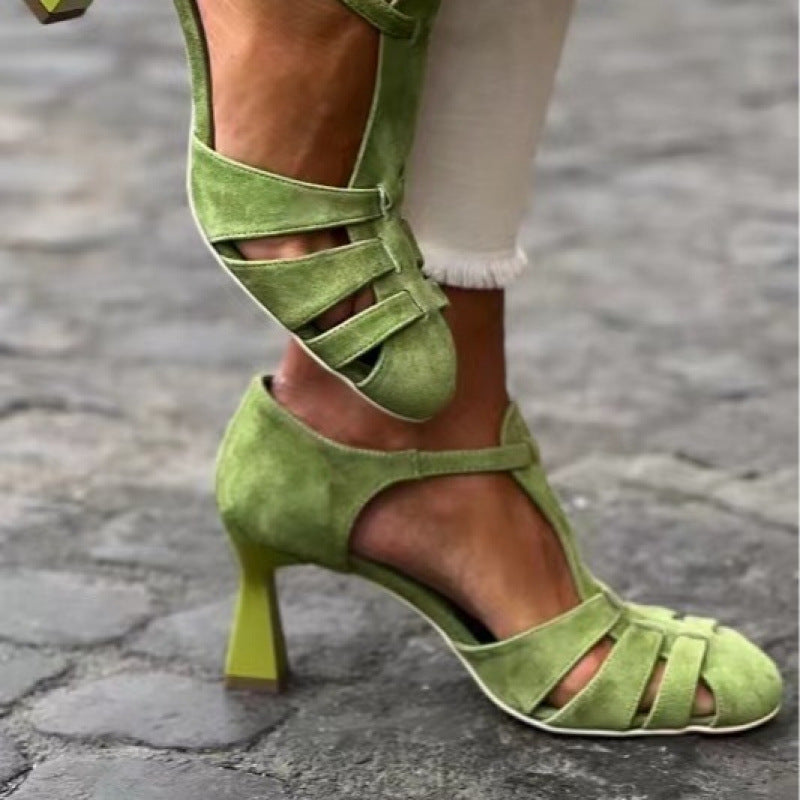 Women's Green Suede T-Strap Cutout Kitten Heel Sandals - Image 5