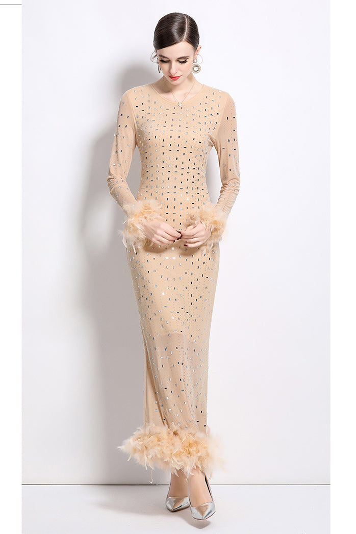 Women's Rhinestone Feather Maxi Party Dress - Bodycon Long Sleeve