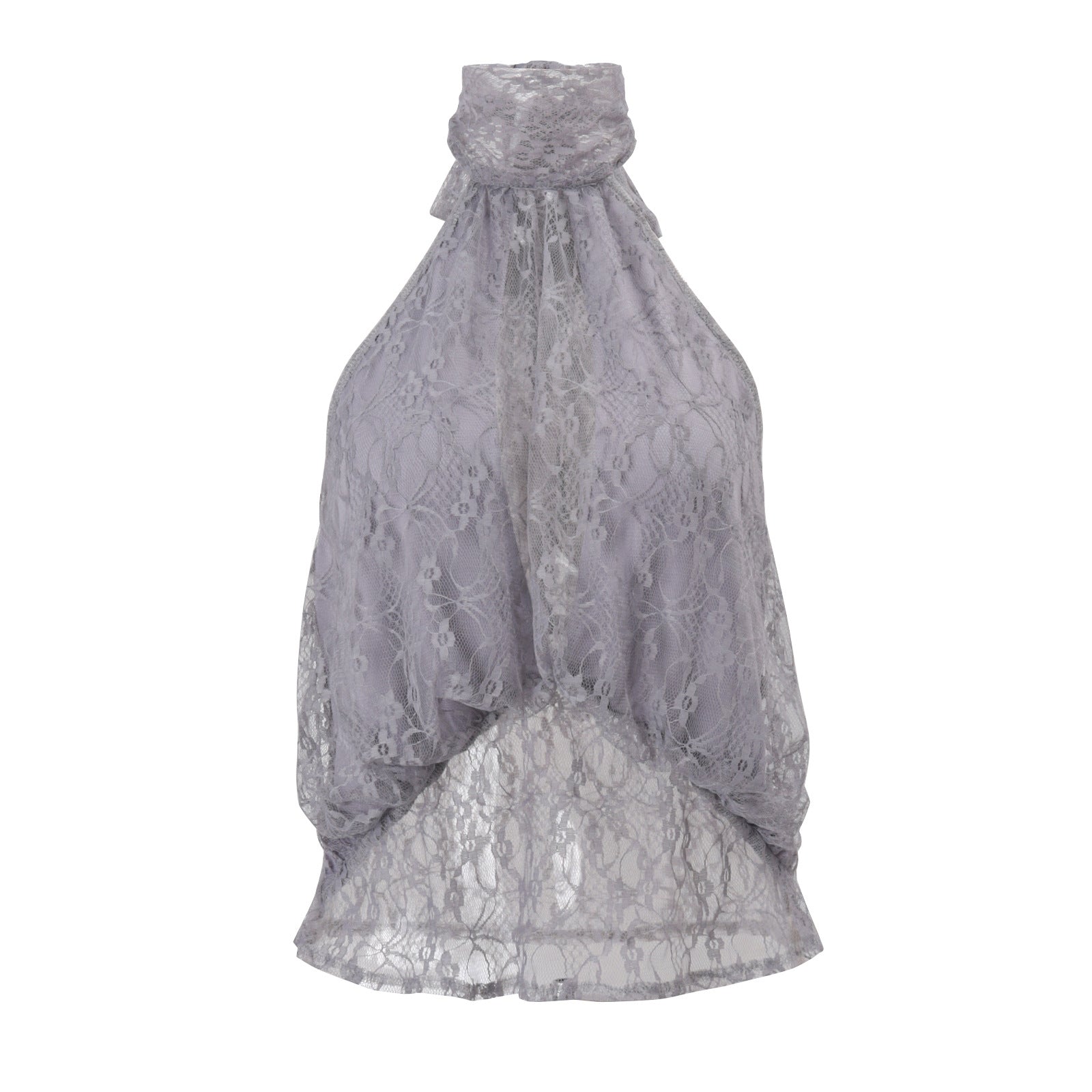 Women Clothing Summer Fashionable Chic High Neck Lace See Through Sleeveless Backless Irregular Asymmetric Top