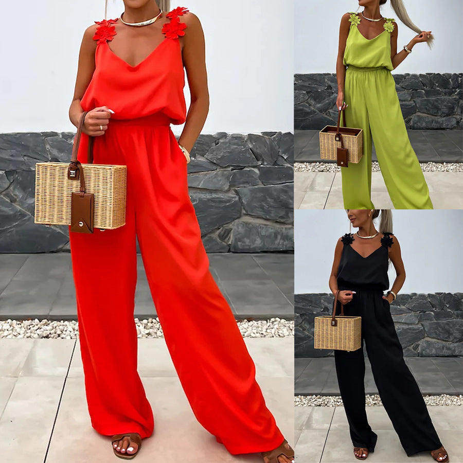Relaxed Sleeveless V-Neck Wide-Leg Jumpsuit with Pockets