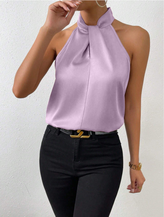Summer Women Clothing Satin Halter Sleeveless Vest Satin Artificial Silk Top