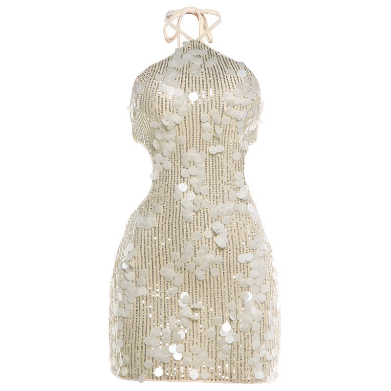 Summer Women Clothing Night Club Sexy Backless Halter Lace up Fashionable Sequ Sheath Dress