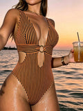 Women One Piece Swimming Striped Swimwear