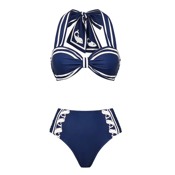 Navy Halter One Piece Swimsuit with Abstract Print Boho Design