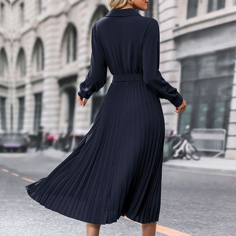 Women's Long Sleeve Pleated Shirt Dress with Adjustable Waist