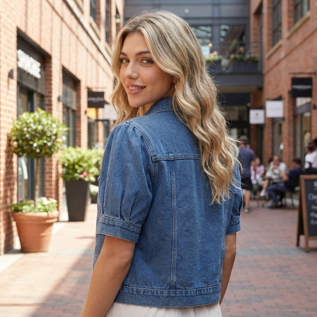 Collared Bubble Sleeve Single Breasted Pocket Design Washed Denim Short Sleeve Jacket Women