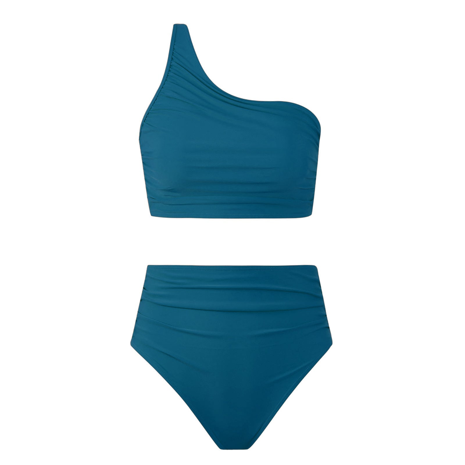 High Waist Ruched Bikini Set with Asymmetric Single Strap Design