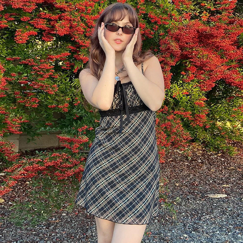 French Spring Sweet Fresh Plaid Strap Sexy Lace Stitching Dress A Line Dress
