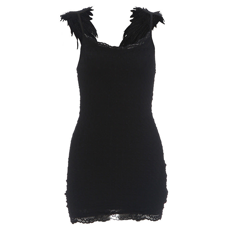 Summer Women Clothing Sexy Wind Feather Decoration Spaghetti Straps Slimming Package Hip Dress