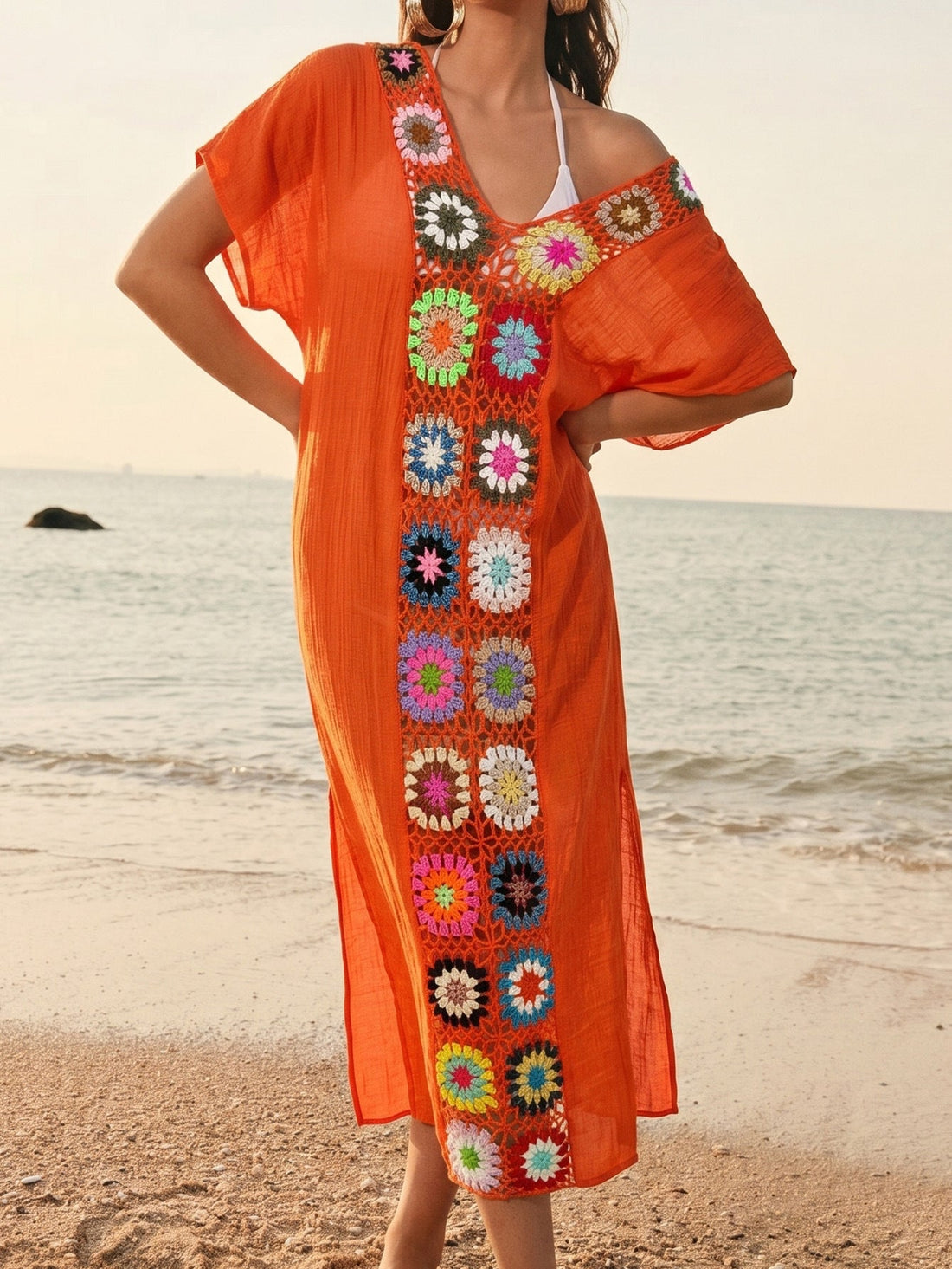 Women’s Crocheted Mixed Color Maxi Beach Blouse Boho Vacation Coverup