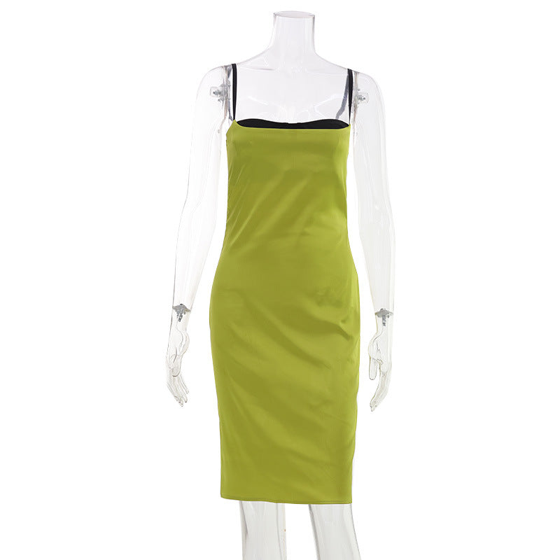 Elegant Lady Green Satin Contrast Color Bandeau Sling Women Clothing Solid Color Elegant Dress for Women