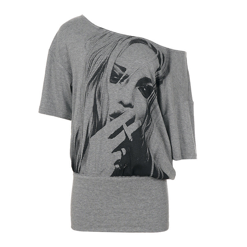 Dark Asian Culture Special Interest Design Portrait Printing off Shoulder Short Sleeve Dress Top Street Casual Loose Hip Dress Top