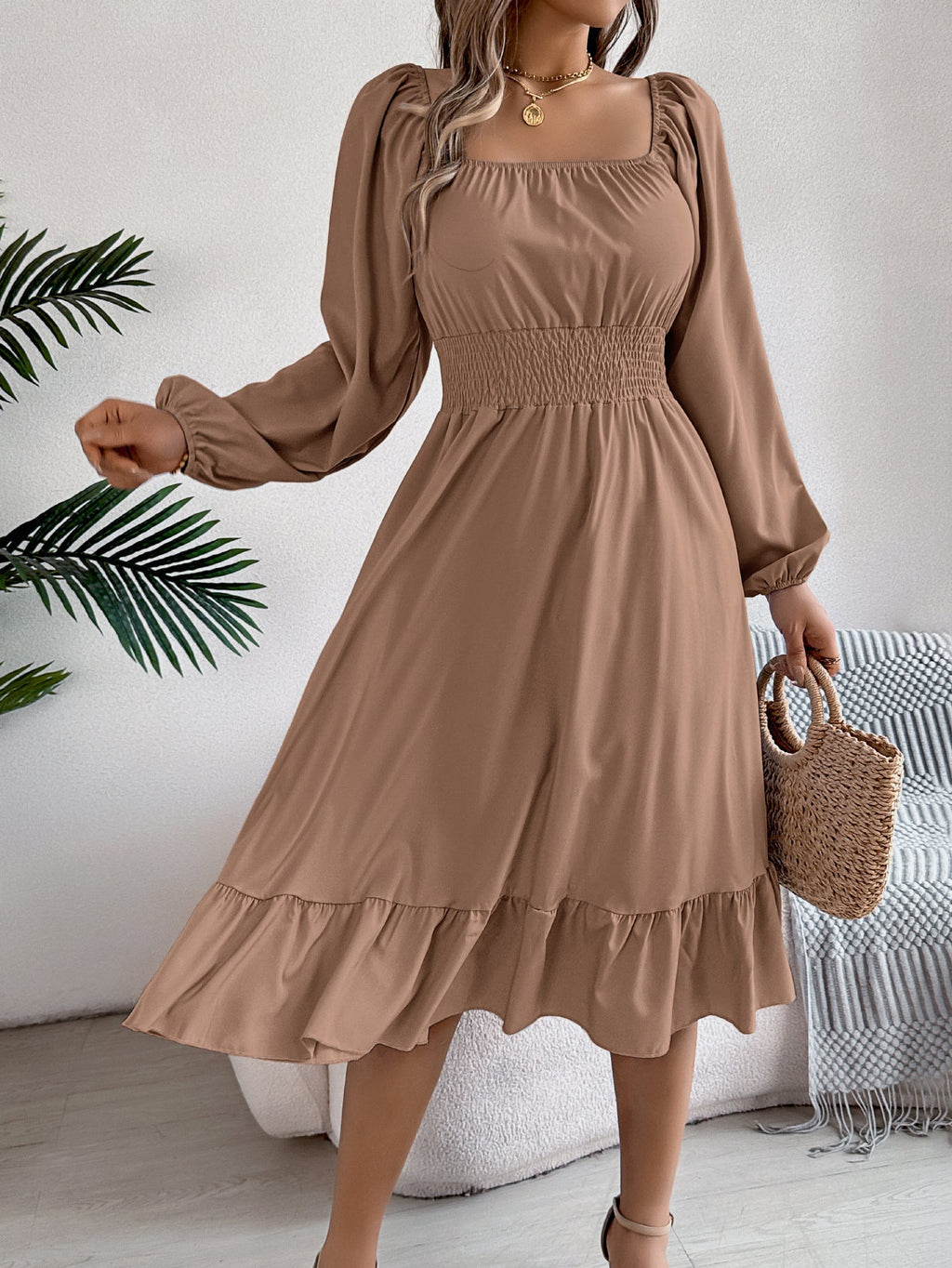Spring Summer Casual Solid Color Square Collar Long Sleeve Waist Trimming Ruffles A line Dress Women Clothing