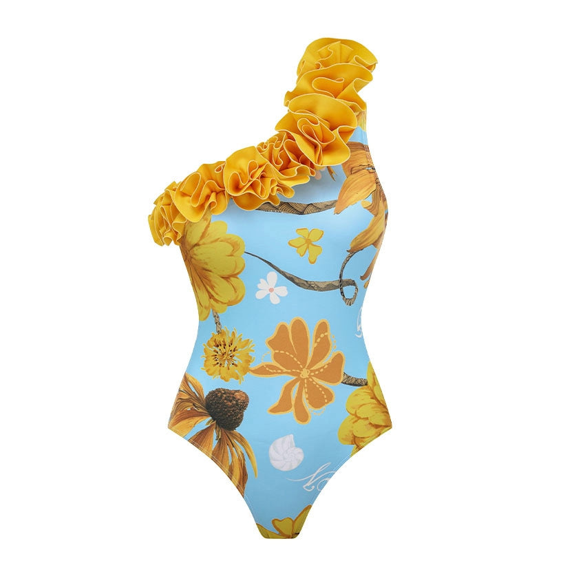 Fresh Blue Bottom Sunflower Single Shoulder One Piece Swimming Women Two Piece Set Three Dimensional Flounce Vacation Swimsuit Women