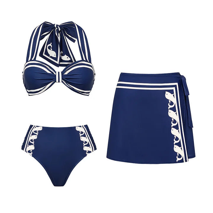 Navy Halter One Piece Swimsuit with Abstract Print Boho Design