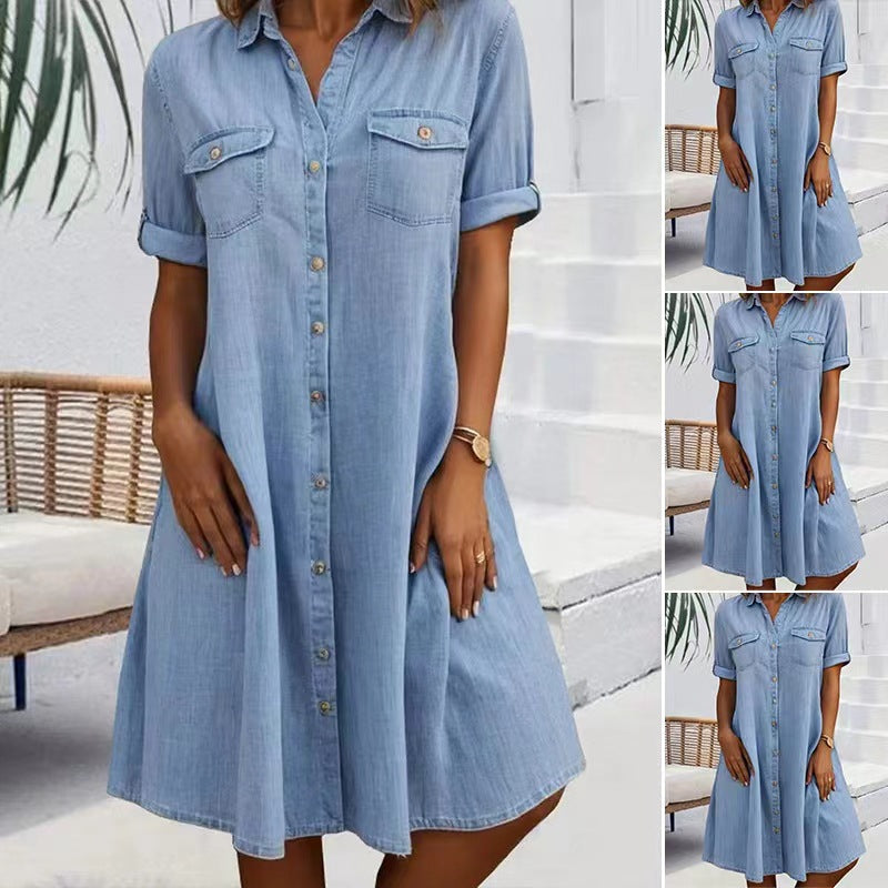 Casual Denim Maxi Dress with Regular Sleeves - Solid Color