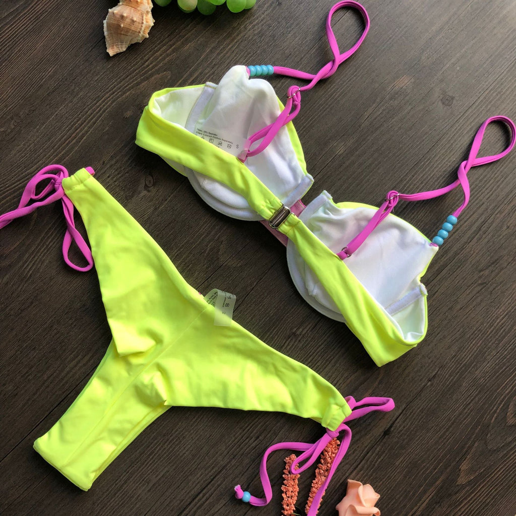 Sexy Sunken Stripe Split Bikini Women Swimsuit