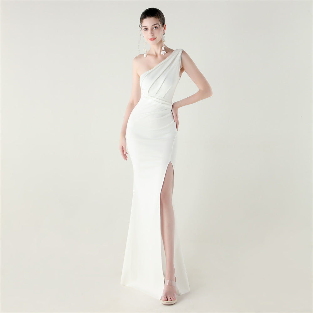 One Shoulder Slim Fit Satin Folding High Slit Sexy Evening Dress Fishtail Dress Dinner Wedding Social Networking