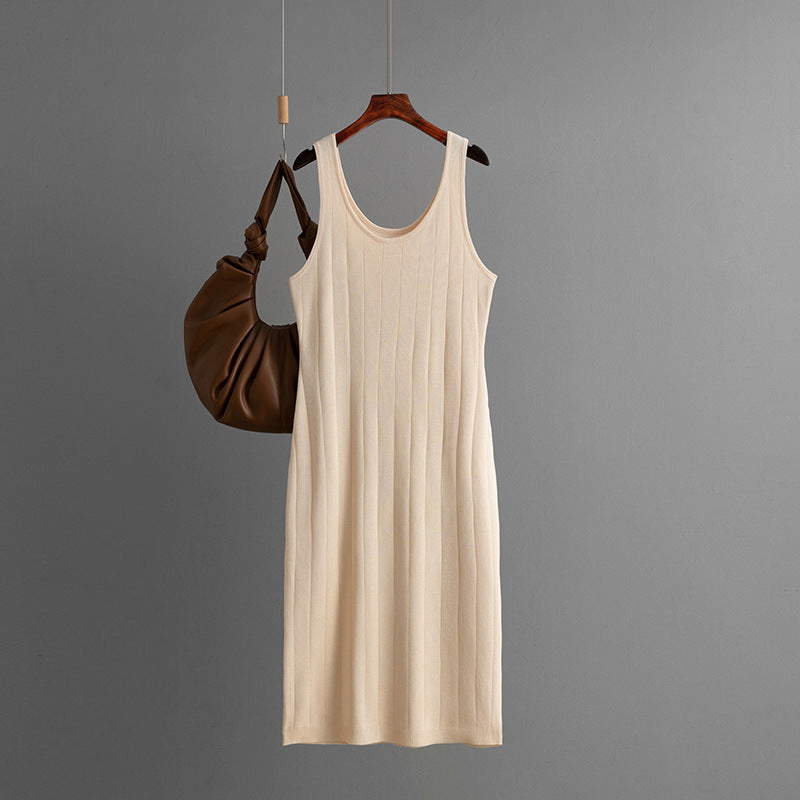 Slim Fit Double round Neck Solid Color Knitted Sling Dress Slimming Slimming Sexy Sheath Dress