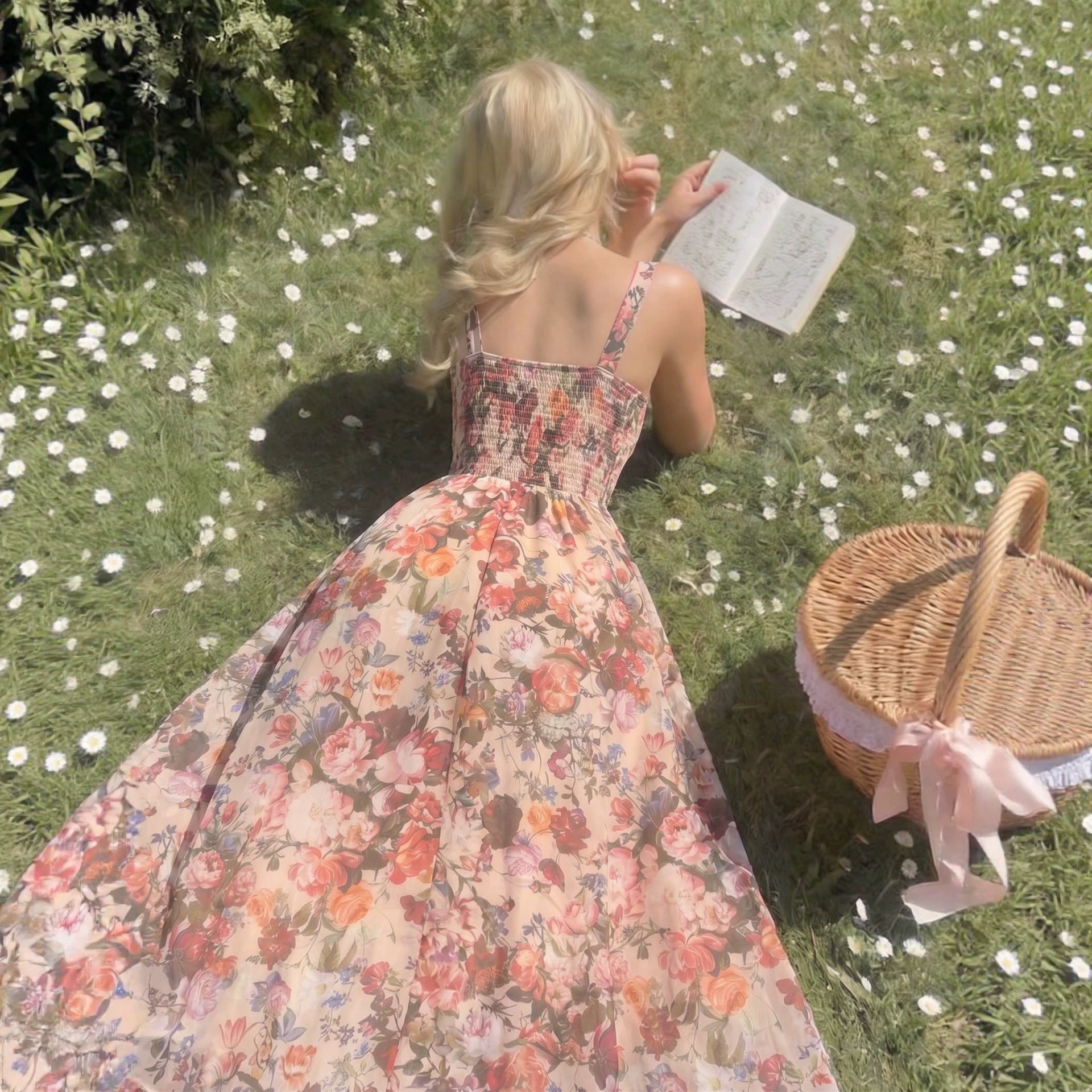 Loose Lazy Small Strapless Sexy Strap Dress Summer Korean Texture Floral Dress