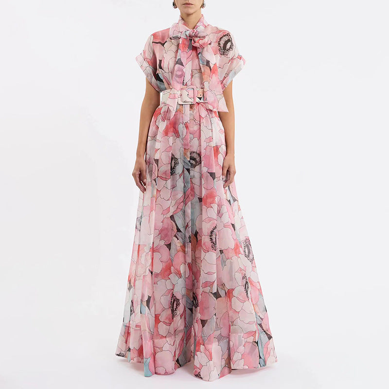 Seaside Vacation Maxi Dress for Women Bow Tie Lace up Waist Maxi Dress