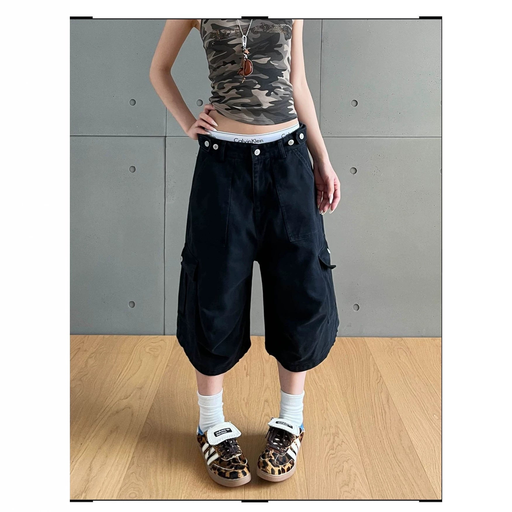 Retro Workwear with Pocket Women Loose Straight Wide Leg Jeans