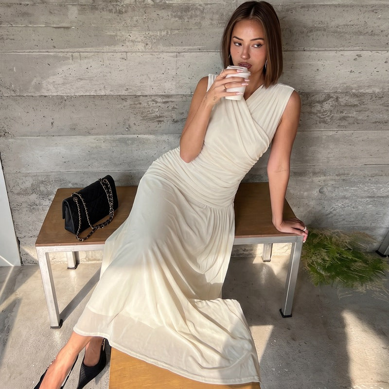 French V neck Solid Color Maxi Dress Summer Waist Slimming Draping Effect Maxi Dress