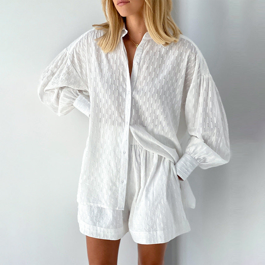 Summer French White Jacquard Cotton Puff Sleeve Casual Shorts Set Ladies Homewear Cool Pajamas