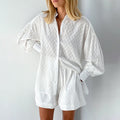 Summer French White Jacquard Cotton Puff Sleeve Casual Shorts Set Ladies Homewear Cool Pajamas