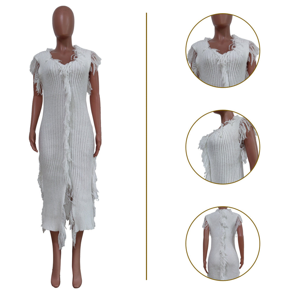 Women Clothing Casual Solid Color Knitted Sleeveless Tassel Dress