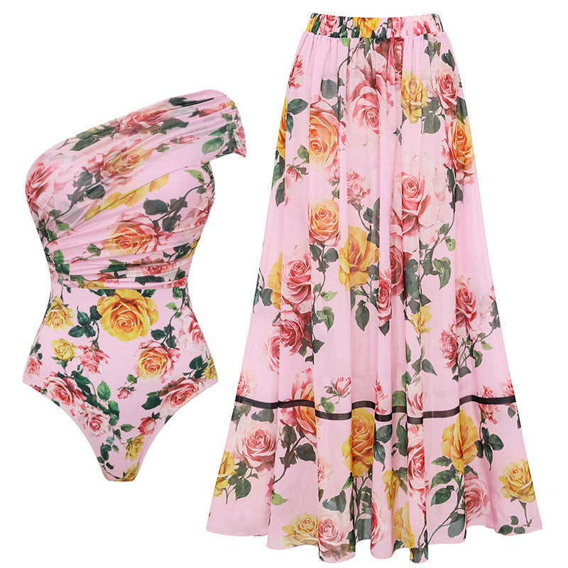 Pink Floral Asymmetric Ruched Swimsuit Set for Vacation