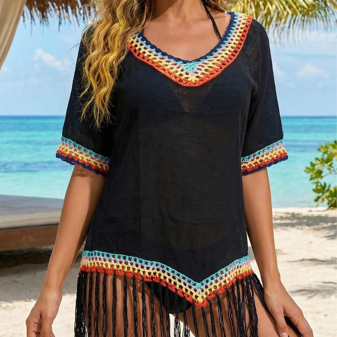 Women Striped Tassel Beach Cover Up Top with Crochet Fringe
