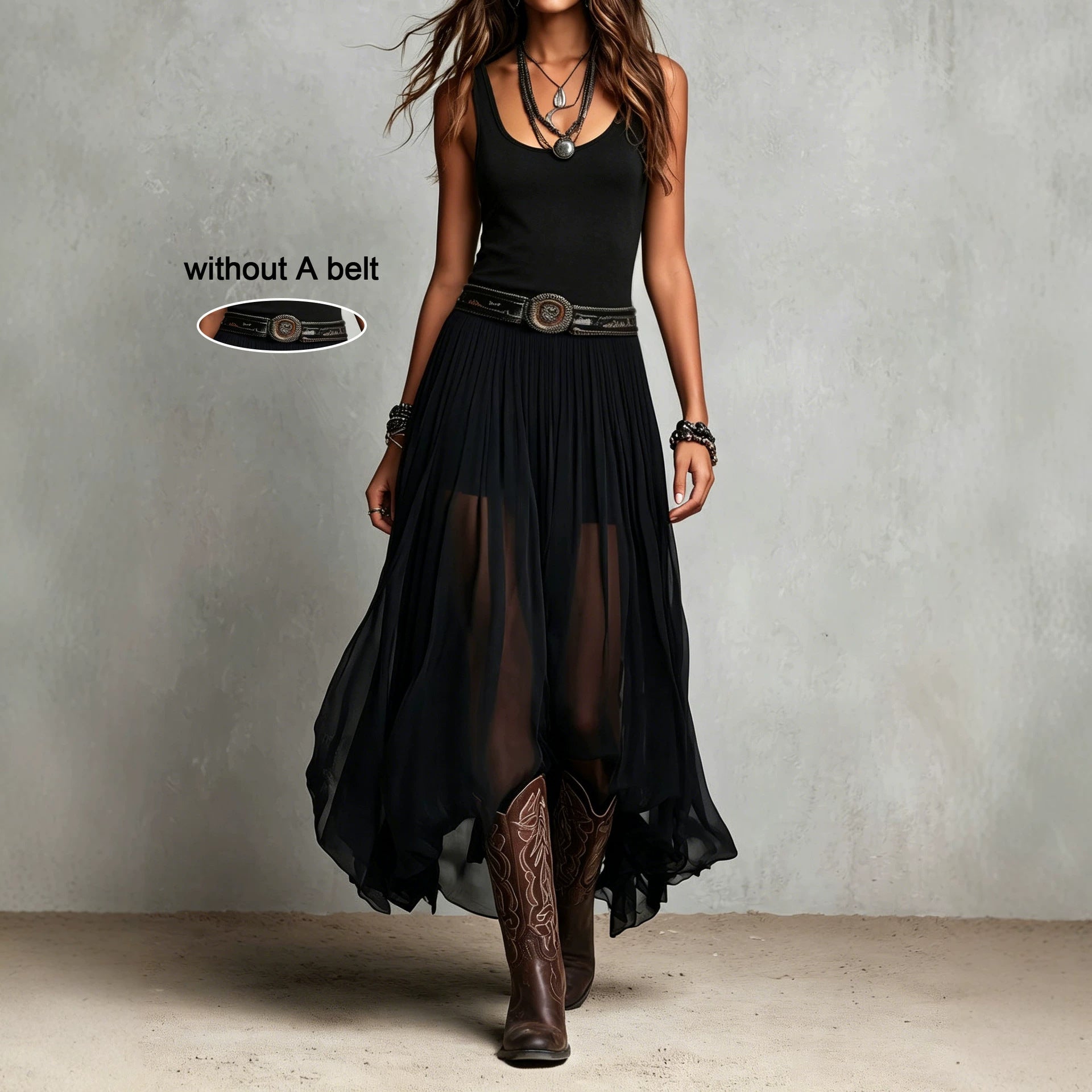 Wind Black Cami Dress Women Summer Mesh Dress High Waist Irregular Asymmetric Swing Slimming Dress