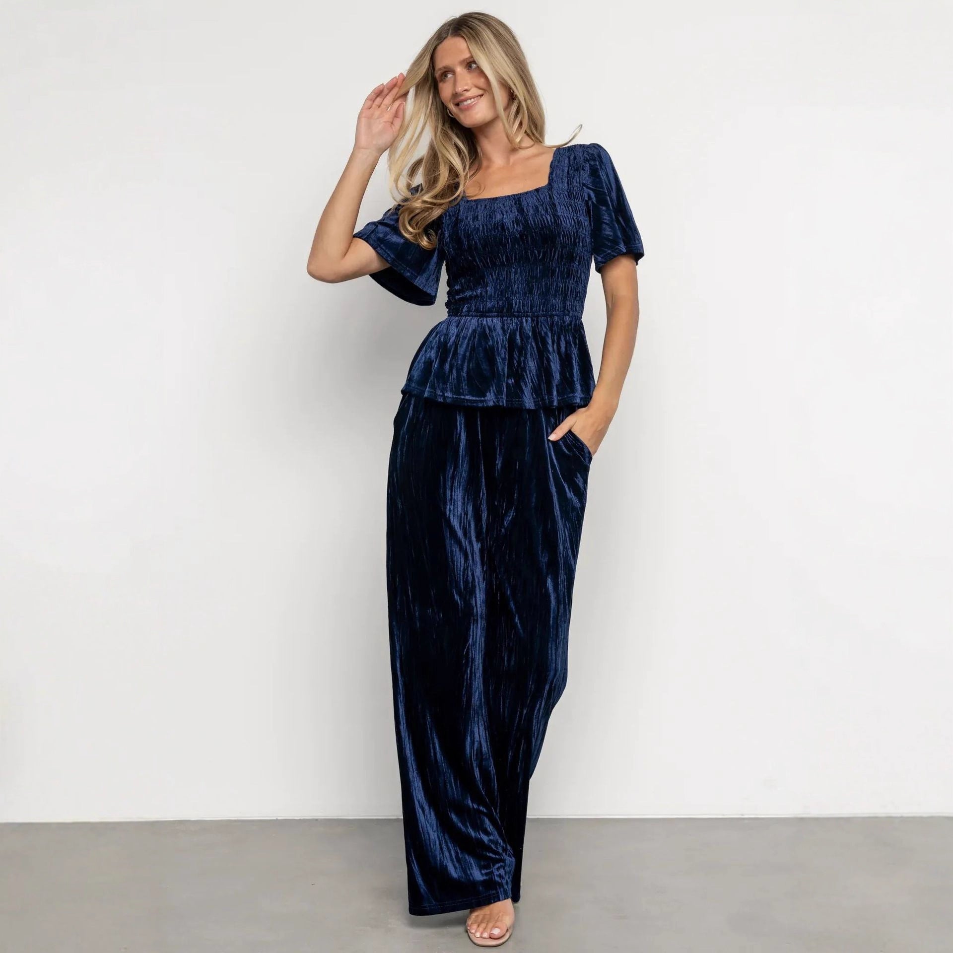 Velvet Women Solid Color Pleated Slim Casual Short Sleeved T shirt Pants Wide Leg Two Piece Set