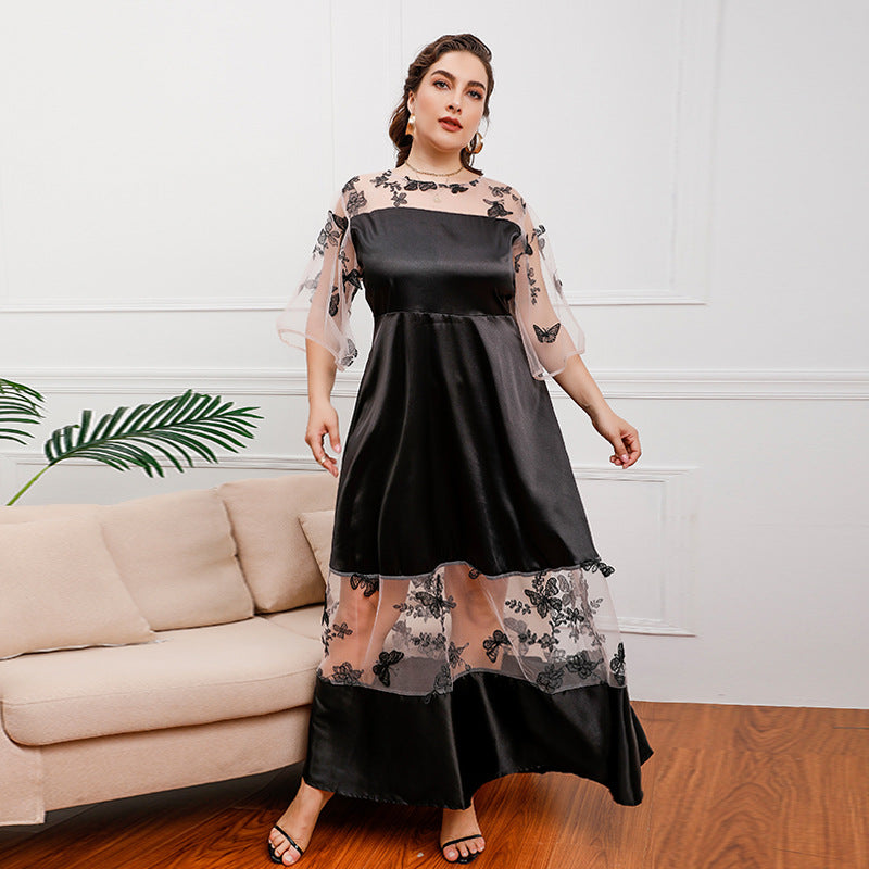 Plus Size French Royal Mesh Stitching Lace Girls Wearable Mid-Length Dress Ogen Mesh Banquet Dress