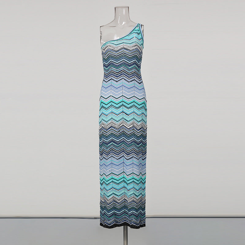 Seaside Vacation Dress Single Side Shoulder Sleeveless Striped Slim Slimming High Waist Dress