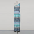 Seaside Vacation Dress Single Side Shoulder Sleeveless Striped Slim Slimming High Waist Dress