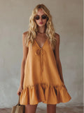Summer Retro Vacation V neck Sleeveless Ruffled Loose Dress