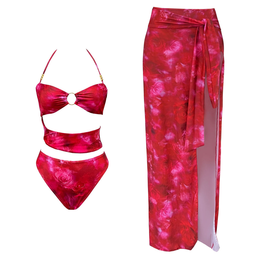 Retro Floral Cutout One-Piece Swimsuit & Wrap Skirt Set