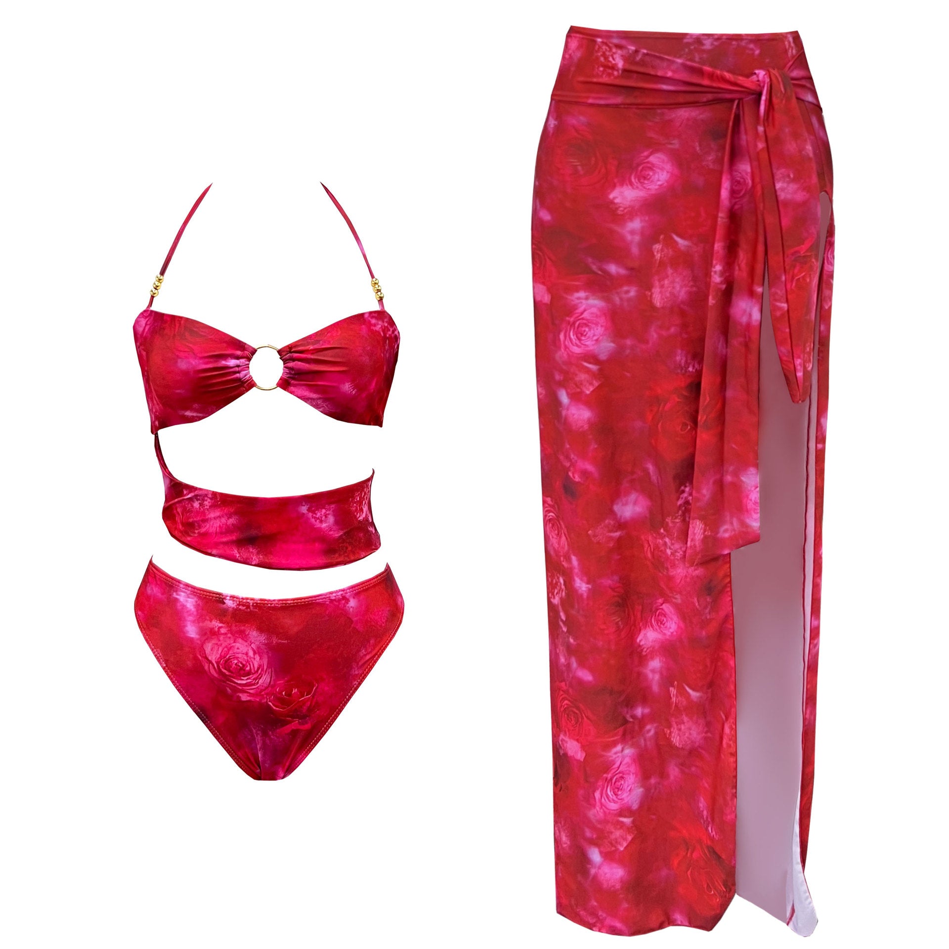 Retro Floral Cutout One-Piece Swimsuit & Wrap Skirt Set