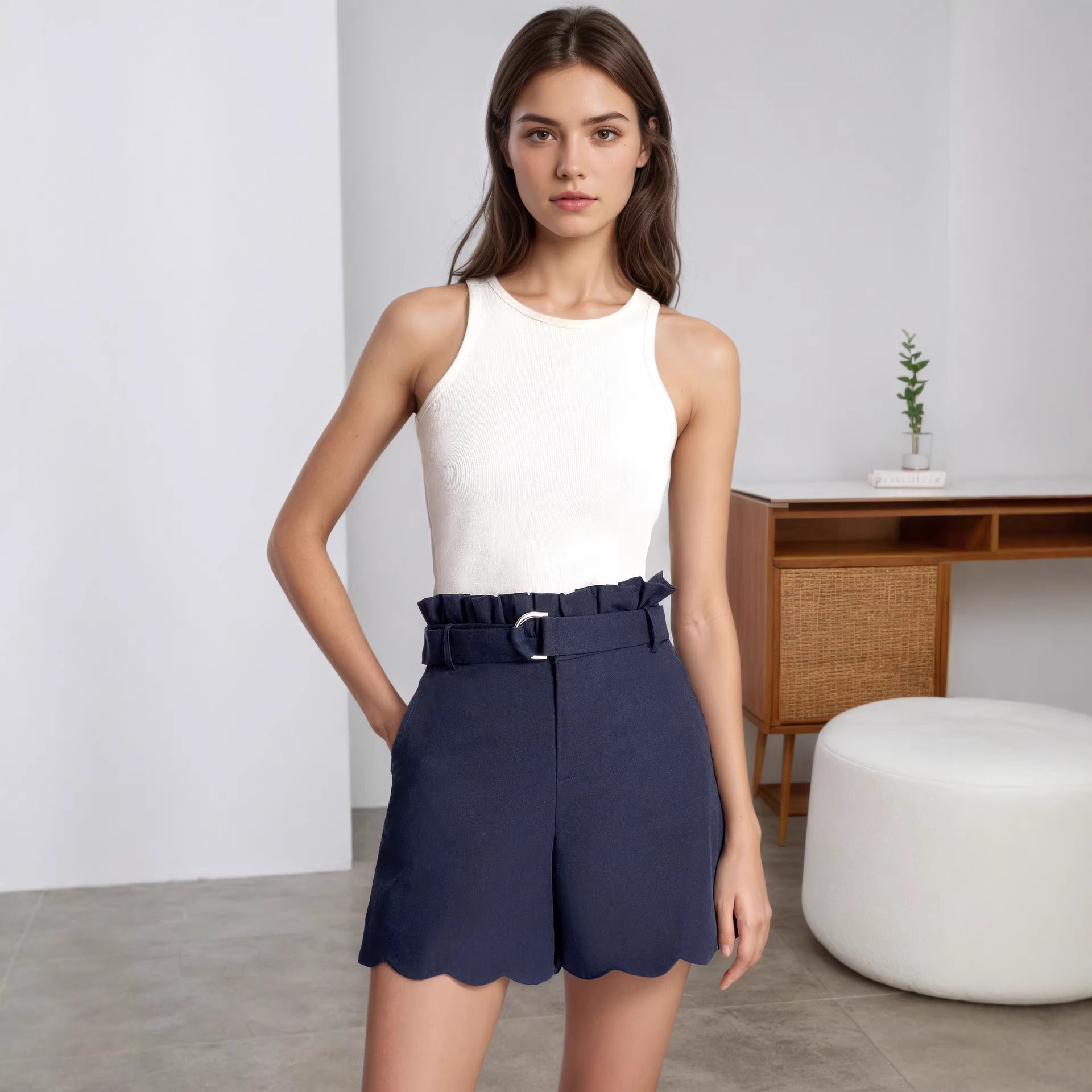 Women Clothing Office High Waist Shorts Women Outer Wear High Waist Wavy Edge Metal Buckle Bud Shaped Shorts