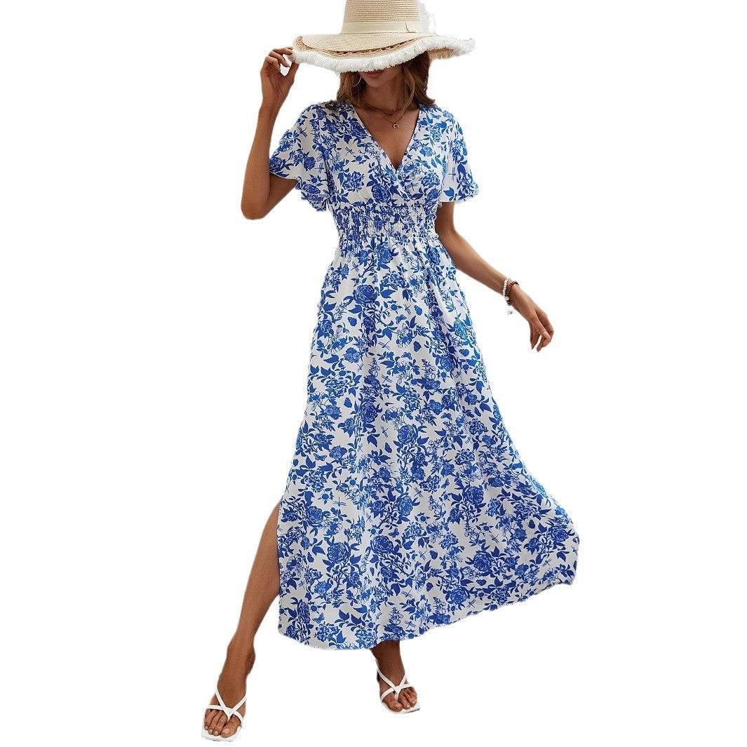 Blue V-Neck Flounced Mid-Length Skirt