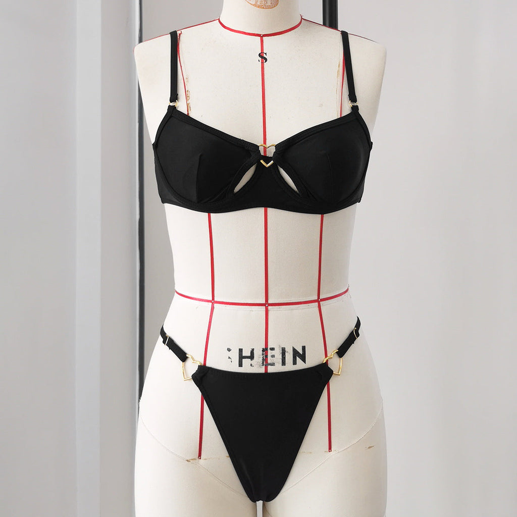 Pure Black Sexy Poly from Ear to Ear Special Shape Air Bikini Split Swimsuit Women