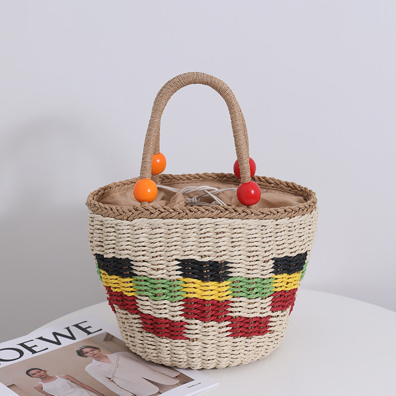 Woven Straw Picnic Basket Bag with Colorful Wooden Bead Accents