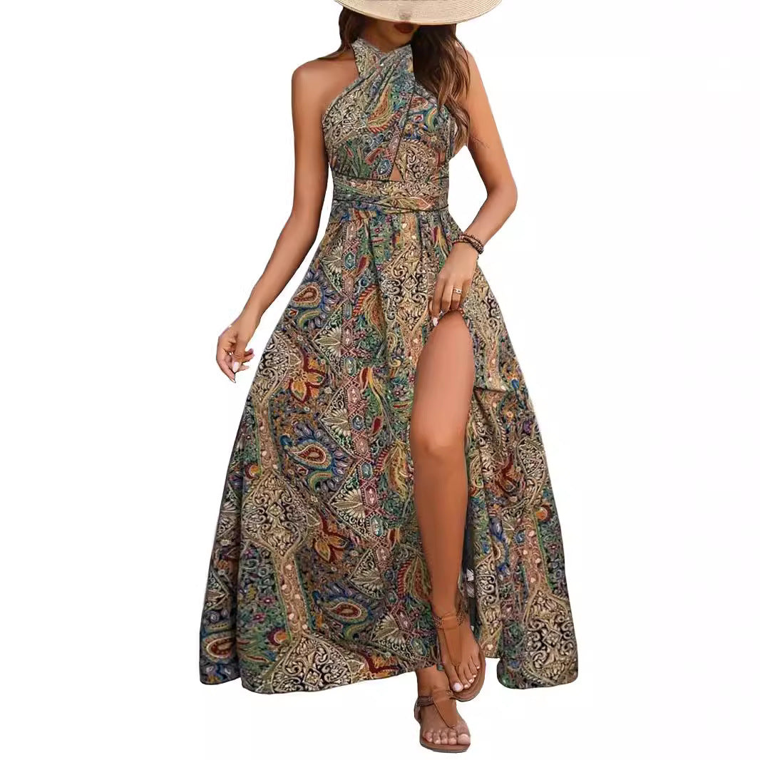 High Waist Bohemian Backless Maxi Dress for Beach and Resort Wear