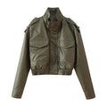 Women's Faux Leather Stand Collar Zip Bomber Jacket Black Olive - Image 2